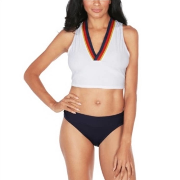 NWT Sperry Ribbed Blue Red Yellow Stripes V neck Swim/Sports CROP TOP, Medium - Picture 9 of 9